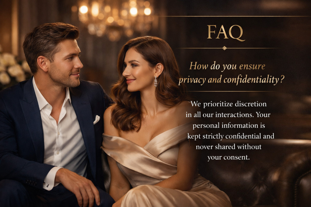 Elegant FAQ image showing a luxury couple discussing privacy and confidentiality