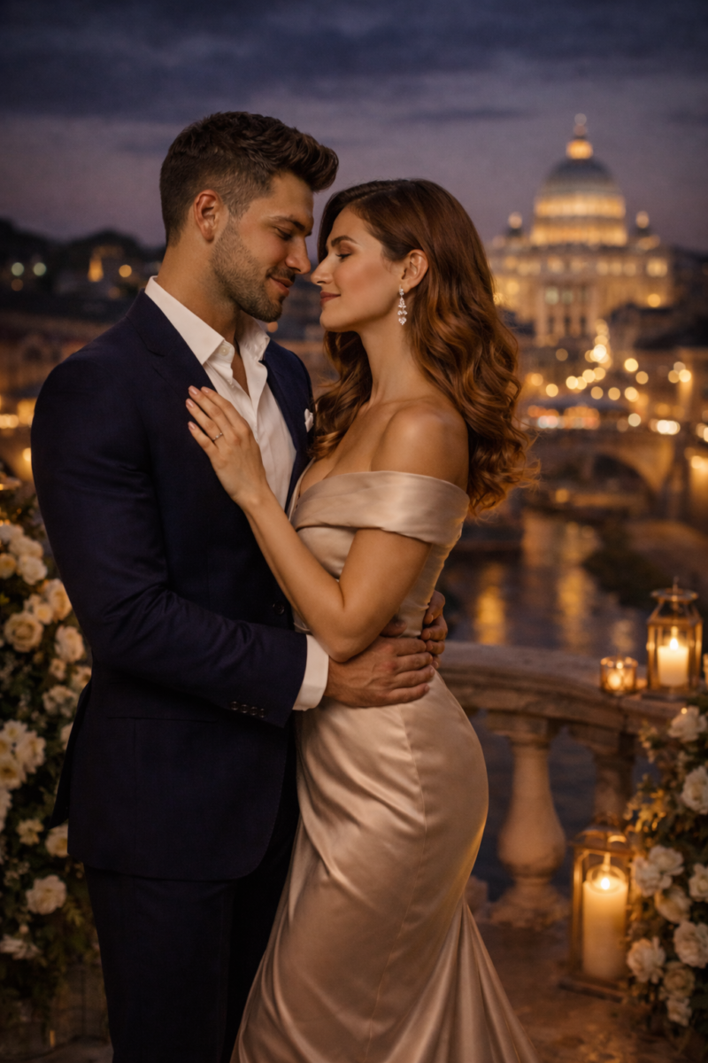 Affluent couple on an elegant balcony overlooking a European city, reflecting international elite matchmaking services.